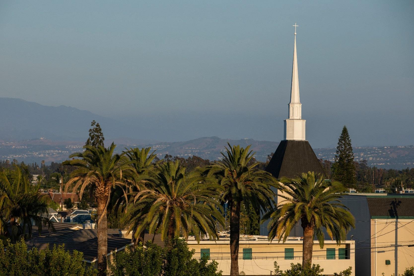 Church spire rising above palm trees in Brea, California